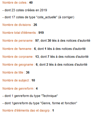 Analyse statistique sur les principaux éléments EAD d'indexation.