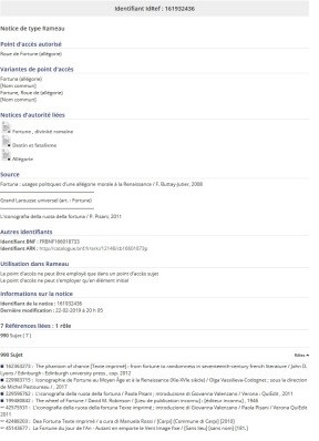 Exemple de page "Identifiant IdRef" avec une liste de références sur le sujet  : Roue de Fortune (allégorie)